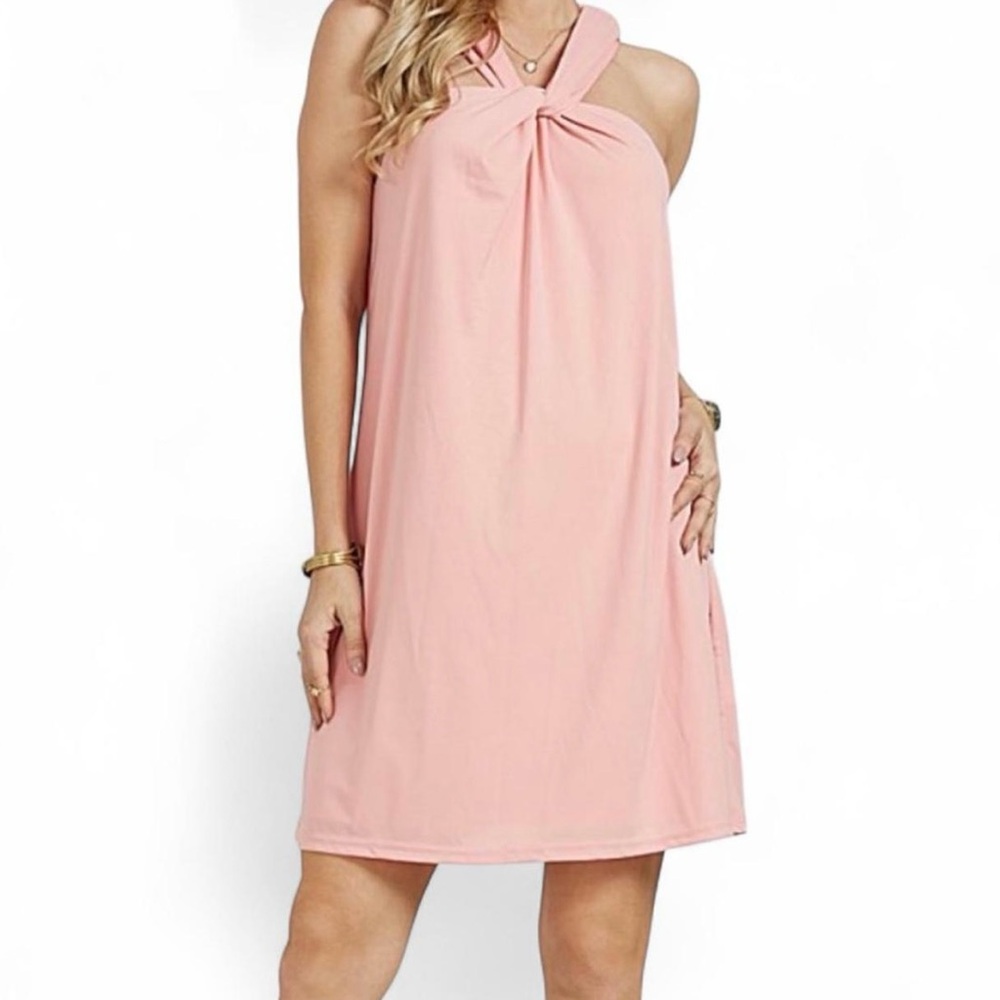 Suzanne Betro Light Pink Tie-Collar Sleeveless Shift Dress, size small